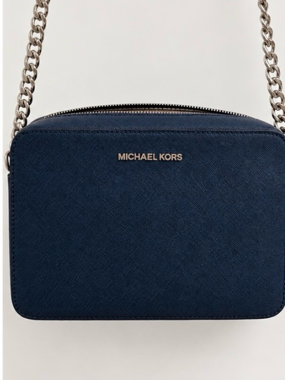Michael Kors Navy Saffiano Crossbody with Silver Chain